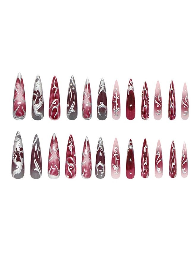 OSTTMA 24Pcs Gothic Press on Nails Long Stiletto Fake Nails Punk Metal False Nail Irregular Lines Y2k Metallic Heart Nails Tips Black Silver Red Gradient Full Cover Glue Stick on Nails for Women - Image 5